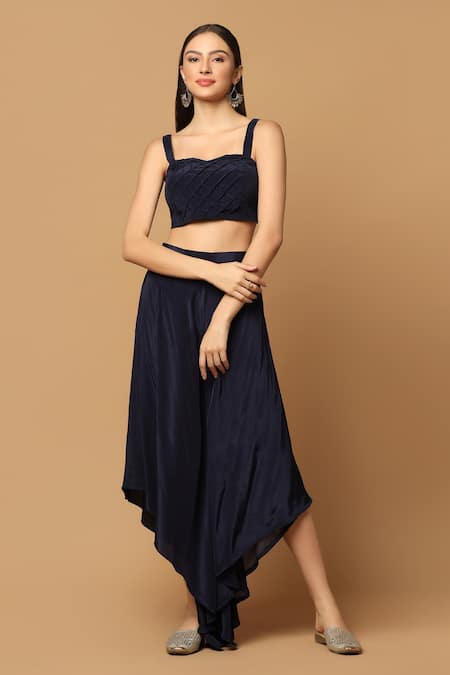 Two Sisters By Gyans_Blue Crepe Embroidery Sweetheart Neck Floral Cape And Draped Skirt Set _Online_at_Aza_Fashions