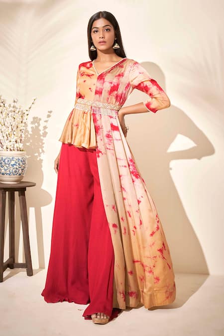 Buy Beige Satin Silk And Georgette Crepe Lining Shantoon Tunic & Pant Set  For Women by Suruchi Parakh Online at Aza Fashions.