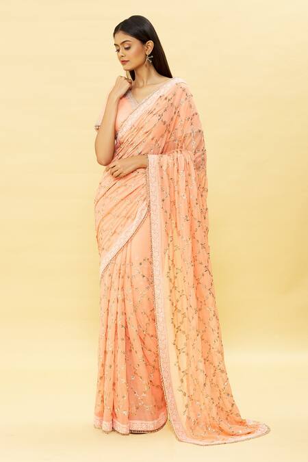 Romaa_Peach Petticoat Satin Lycra, Saree Chiffon Chikankari, Jaal With Blouse_Online_at_Aza_Fashions