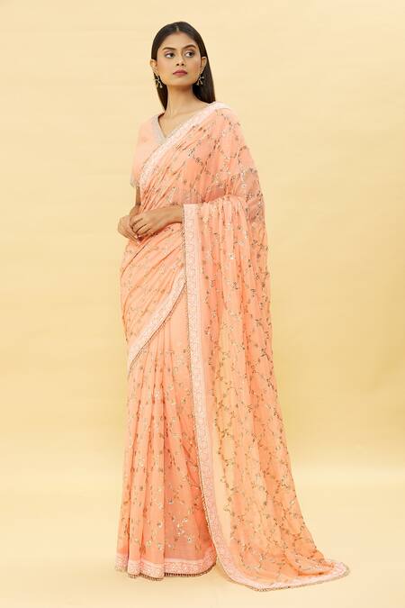 Buy_Romaa_Peach Petticoat Satin Lycra, Saree Chiffon Chikankari, Jaal With Blouse_Online_at_Aza_Fashions