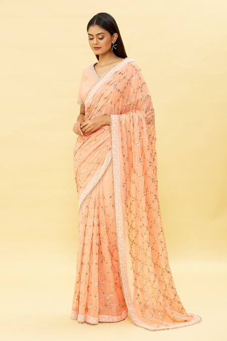 Shop_Romaa_Peach Petticoat Satin Lycra, Saree Chiffon Chikankari, Jaal With Blouse_Online_at_Aza_Fashions