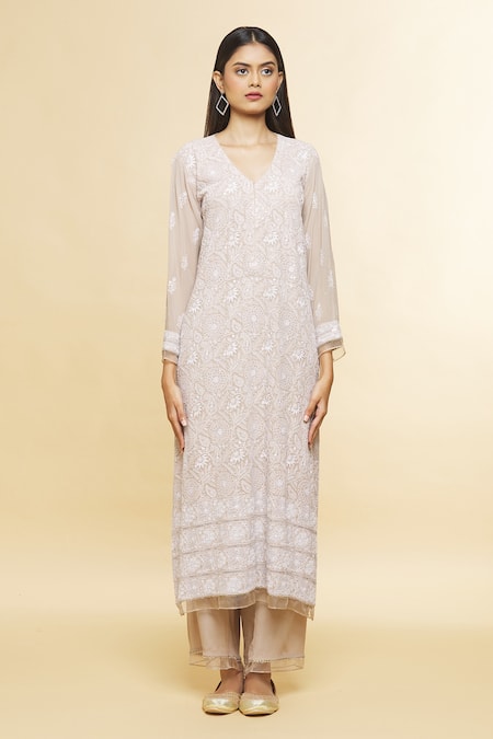 Buy_Romaa_Beige Chikankari, Sequin Work V Neck Embroidered Kurta Set _Online_at_Aza_Fashions