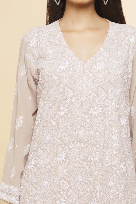 Shop_Romaa_Beige Chikankari, Sequin Work V Neck Embroidered Kurta Set _Online_at_Aza_Fashions