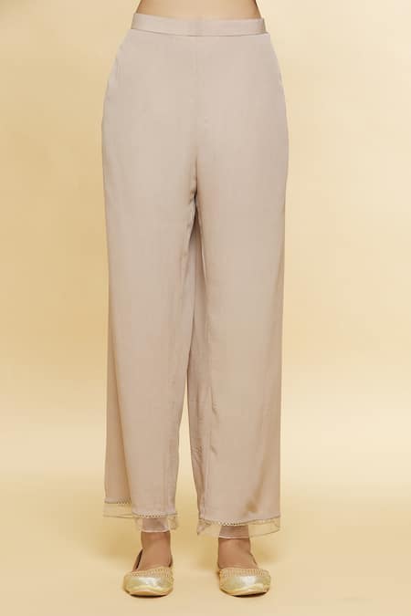 Romaa_Beige Chikankari, Sequin Work V Neck Embroidered Kurta Set _at_Aza_Fashions