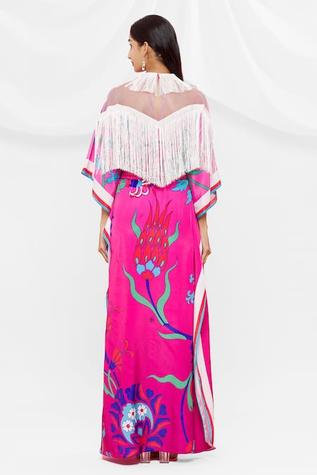 Shop Pria Kataria Puri Pink Crepe Floral Fring Neck Pattern Kaftan at Aza Fashions Shop_Pria Kataria Puri_Pink Crepe Floral Fring Neck Pattern Kaftan _at_Aza_Fashions