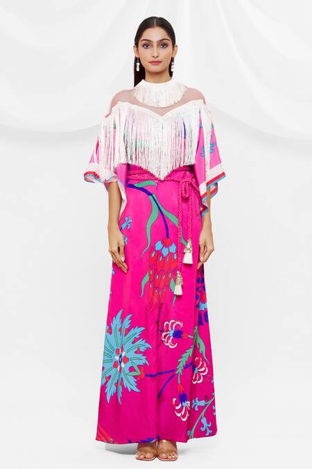 Pria Kataria Puri Pink Crepe Floral Fring Neck Pattern Kaftan Online at Aza Fashions Pria Kataria Puri_Pink Crepe Floral Fring Neck Pattern Kaftan _Online_at_Aza_Fashions
