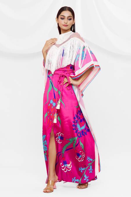 Buy Pria Kataria Puri Pink Crepe Floral Fring Neck Pattern Kaftan Online at Aza Fashions Buy_Pria Kataria Puri_Pink Crepe Floral Fring Neck Pattern Kaftan _Online_at_Aza_Fashions