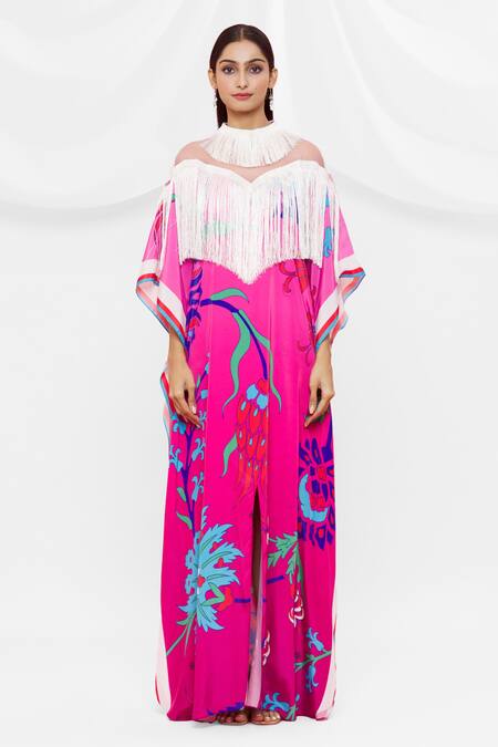 Shop Pria Kataria Puri Pink Crepe Floral Fring Neck Pattern Kaftan Online at Aza Fashions Shop_Pria Kataria Puri_Pink Crepe Floral Fring Neck Pattern Kaftan _Online_at_Aza_Fashions