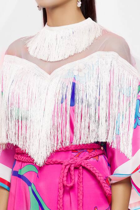 Pria Kataria Puri Pink Crepe Floral Fring Neck Pattern Kaftan at Aza Fashions Pria Kataria Puri_Pink Crepe Floral Fring Neck Pattern Kaftan _at_Aza_Fashions