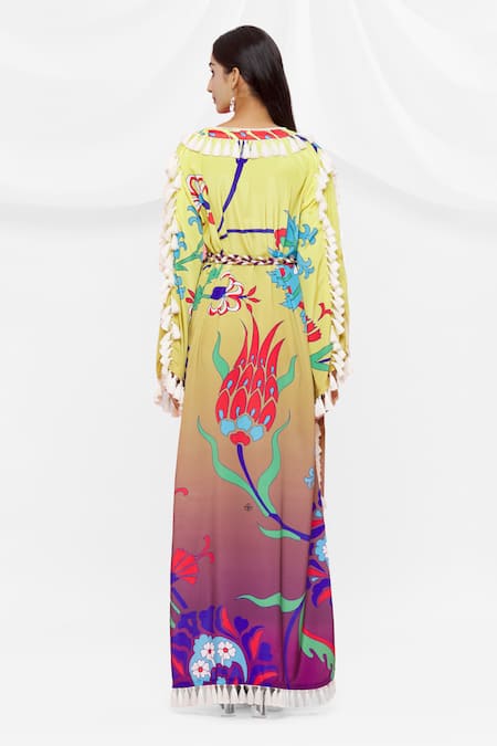 Shop Pria Kataria Puri Yellow Crepe Floral Notched Pattern Dress at Aza Fashions Shop_Pria Kataria Puri_Yellow Crepe Floral Notched Pattern Dress _at_Aza_Fashions