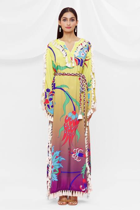 Pria Kataria Puri Yellow Crepe Floral Notched Pattern Dress Online at Aza Fashions Pria Kataria Puri_Yellow Crepe Floral Notched Pattern Dress _Online_at_Aza_Fashions