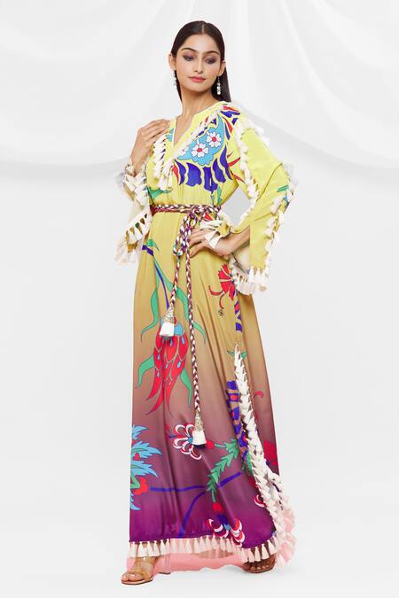 Buy Pria Kataria Puri Yellow Crepe Floral Notched Pattern Dress Online at Aza Fashions Buy_Pria Kataria Puri_Yellow Crepe Floral Notched Pattern Dress _Online_at_Aza_Fashions