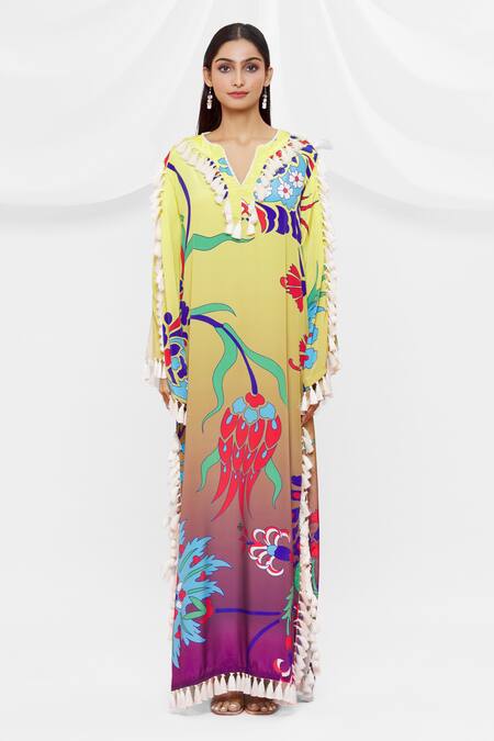 Shop Pria Kataria Puri Yellow Crepe Floral Notched Pattern Dress Online at Aza Fashions Shop_Pria Kataria Puri_Yellow Crepe Floral Notched Pattern Dress _Online_at_Aza_Fashions