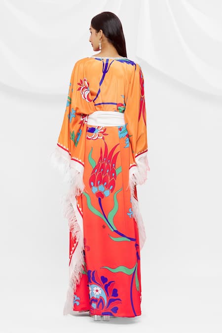 Shop Pria Kataria Puri Coral Crepe V Neck Pattern Kaftan at Aza Fashions Shop_Pria Kataria Puri_Coral Crepe V Neck Pattern Kaftan _at_Aza_Fashions