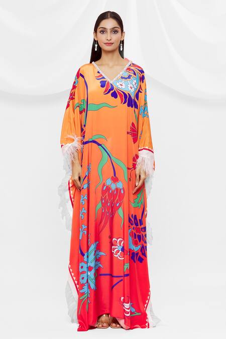 Pria Kataria Puri Coral Crepe V Neck Pattern Kaftan Online at Aza Fashions Pria Kataria Puri_Coral Crepe V Neck Pattern Kaftan _Online_at_Aza_Fashions