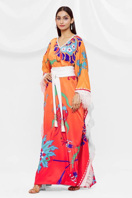 Shop Pria Kataria Puri Coral Crepe V Neck Pattern Kaftan Online at Aza Fashions Shop_Pria Kataria Puri_Coral Crepe V Neck Pattern Kaftan _Online_at_Aza_Fashions