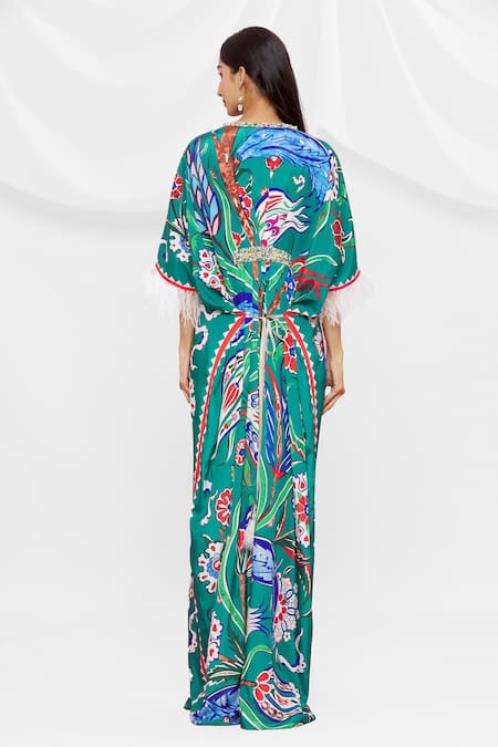 Shop Pria Kataria Puri Green Crepe Embellished Floral V Neck Pattern Kaftan at Aza Fashions Shop_Pria Kataria Puri_Green Crepe Embellished Floral V Neck Pattern Kaftan _at_Aza_Fashions