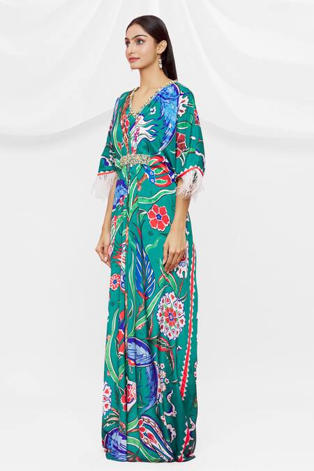 Pria Kataria Puri Green Crepe Embellished Floral V Neck Pattern Kaftan Online at Aza Fashions Pria Kataria Puri_Green Crepe Embellished Floral V Neck Pattern Kaftan _Online_at_Aza_Fashions
