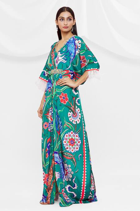 Buy Pria Kataria Puri Green Crepe Embellished Floral V Neck Pattern Kaftan Online at Aza Fashions Buy_Pria Kataria Puri_Green Crepe Embellished Floral V Neck Pattern Kaftan _Online_at_Aza_Fashions