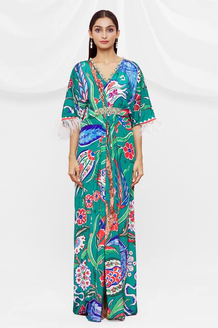 Shop Pria Kataria Puri Green Crepe Embellished Floral V Neck Pattern Kaftan Online at Aza Fashions Shop_Pria Kataria Puri_Green Crepe Embellished Floral V Neck Pattern Kaftan _Online_at_Aza_Fashions