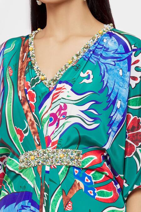 Pria Kataria Puri Green Crepe Embellished Floral V Neck Pattern Kaftan at Aza Fashions Pria Kataria Puri_Green Crepe Embellished Floral V Neck Pattern Kaftan _at_Aza_Fashions
