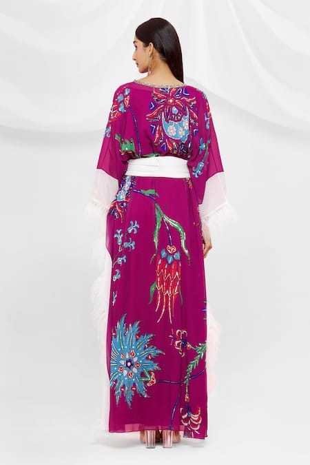 Shop Pria Kataria Puri Maroon Georgette Floral V Neck Pattern Kaftan at Aza Fashions Shop_Pria Kataria Puri_Maroon Georgette Floral V Neck Pattern Kaftan _at_Aza_Fashions