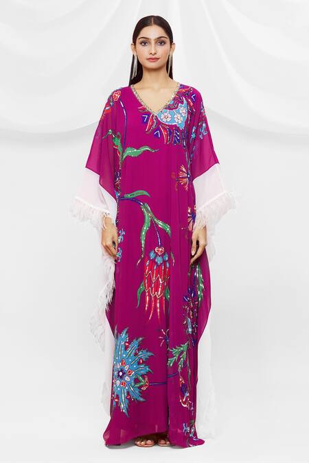 Buy Pria Kataria Puri Maroon Georgette Floral V Neck Pattern Kaftan Online at Aza Fashions Buy_Pria Kataria Puri_Maroon Georgette Floral V Neck Pattern Kaftan _Online_at_Aza_Fashions