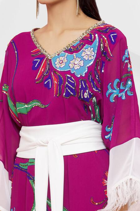 Pria Kataria Puri Maroon Georgette Floral V Neck Pattern Kaftan at Aza Fashions Pria Kataria Puri_Maroon Georgette Floral V Neck Pattern Kaftan _at_Aza_Fashions