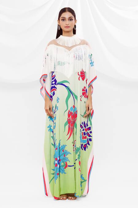 Buy Pria Kataria Puri White Crepe Embellished Floral High Neck Pattern Flared Sleeve Kaftan Online at Aza Fashions Buy_Pria Kataria Puri_White Crepe Embellished Floral High Neck Pattern Flared Sleeve Kaftan _Online_at_Aza_Fashions