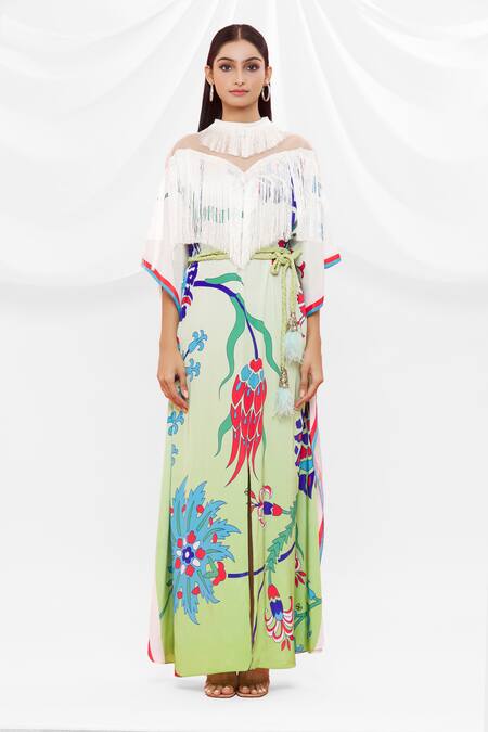 Shop Pria Kataria Puri White Crepe Embellished Floral High Neck Pattern Flared Sleeve Kaftan Online at Aza Fashions Shop_Pria Kataria Puri_White Crepe Embellished Floral High Neck Pattern Flared Sleeve Kaftan _Online_at_Aza_Fashions