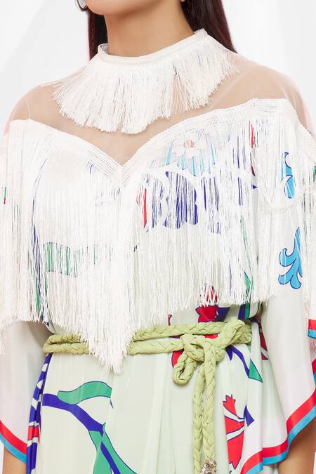 Pria Kataria Puri White Crepe Embellished Floral High Neck Pattern Flared Sleeve Kaftan at Aza Fashions Pria Kataria Puri_White Crepe Embellished Floral High Neck Pattern Flared Sleeve Kaftan _at_Aza_Fashions