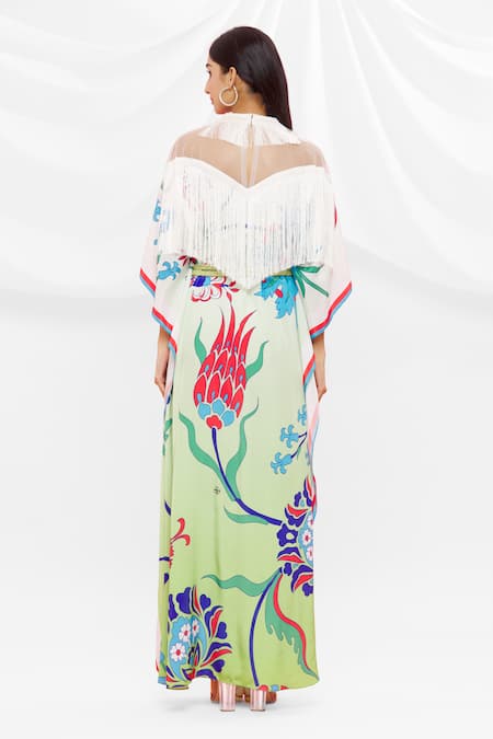 Shop Pria Kataria Puri White Crepe Embellished Floral High Neck Pattern Flared Sleeve Kaftan at Aza Fashions Shop_Pria Kataria Puri_White Crepe Embellished Floral High Neck Pattern Flared Sleeve Kaftan _at_Aza_Fashions