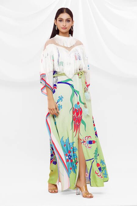 Pria Kataria Puri White Crepe Embellished Floral High Neck Pattern Flared Sleeve Kaftan Online at Aza Fashions Pria Kataria Puri_White Crepe Embellished Floral High Neck Pattern Flared Sleeve Kaftan _Online_at_Aza_Fashions