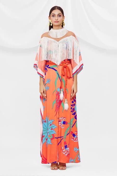 Pria Kataria Puri White Crepe Embellished Floral High Neck Pattern Flared Sleeve Kaftan Online at Aza Fashions Pria Kataria Puri_White Crepe Embellished Floral High Neck Pattern Flared Sleeve Kaftan _Online_at_Aza_Fashions