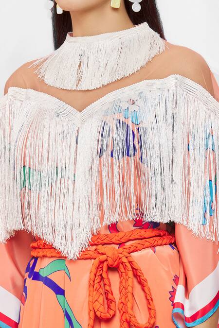 Pria Kataria Puri White Crepe Embellished Floral High Neck Pattern Flared Sleeve Kaftan at Aza Fashions Pria Kataria Puri_White Crepe Embellished Floral High Neck Pattern Flared Sleeve Kaftan _at_Aza_Fashions