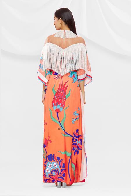 Shop Pria Kataria Puri White Crepe Embellished Floral High Neck Pattern Flared Sleeve Kaftan at Aza Fashions Shop_Pria Kataria Puri_White Crepe Embellished Floral High Neck Pattern Flared Sleeve Kaftan _at_Aza_Fashions