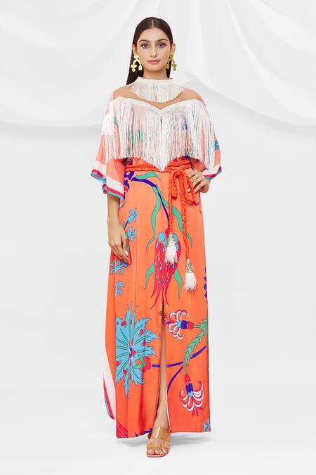 Shop Pria Kataria Puri White Crepe Embellished Floral High Neck Pattern Flared Sleeve Kaftan Online at Aza Fashions Shop_Pria Kataria Puri_White Crepe Embellished Floral High Neck Pattern Flared Sleeve Kaftan _Online_at_Aza_Fashions