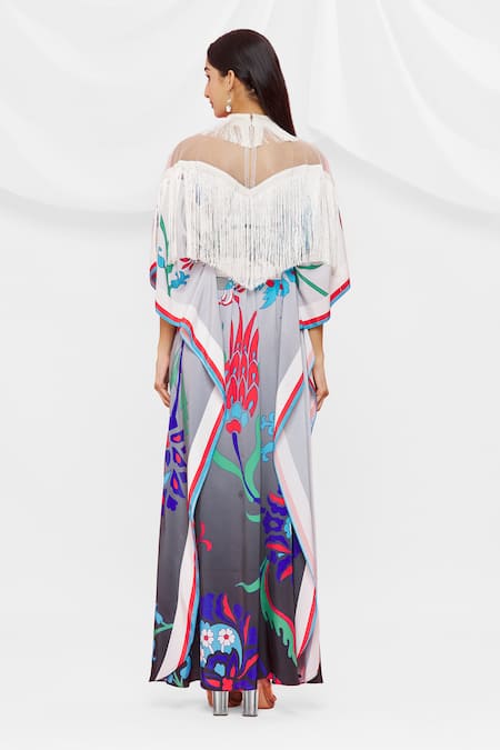 Shop Pria Kataria Puri Black Crepe Embellished Floral High Neck Pattern Overlay Kaftan at Aza Fashions Shop_Pria Kataria Puri_Black Crepe Embellished Floral High Neck Pattern Overlay Kaftan _at_Aza_Fashions