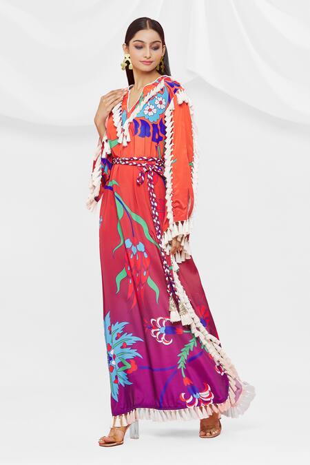 Pria Kataria Puri Coral Crepe Notched Pattern Tassel Sleeve Dress Online at Aza Fashions Pria Kataria Puri_Coral Crepe Notched Pattern Tassel Sleeve Dress _Online_at_Aza_Fashions