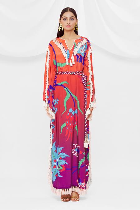 Buy Pria Kataria Puri Coral Crepe Notched Pattern Tassel Sleeve Dress Online at Aza Fashions Buy_Pria Kataria Puri_Coral Crepe Notched Pattern Tassel Sleeve Dress _Online_at_Aza_Fashions