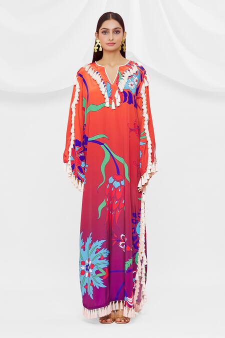 Shop Pria Kataria Puri Coral Crepe Notched Pattern Tassel Sleeve Dress Online at Aza Fashions Shop_Pria Kataria Puri_Coral Crepe Notched Pattern Tassel Sleeve Dress _Online_at_Aza_Fashions