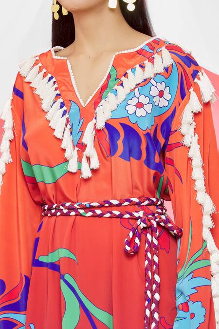 Pria Kataria Puri Coral Crepe Notched Pattern Tassel Sleeve Dress at Aza Fashions Pria Kataria Puri_Coral Crepe Notched Pattern Tassel Sleeve Dress _at_Aza_Fashions