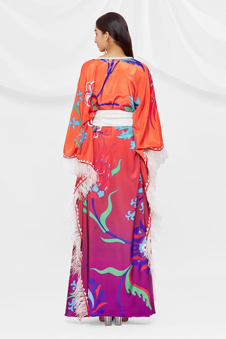 Shop Pria Kataria Puri Coral Crepe V Neck Pattern Flared Sleeve Kaftan at Aza Fashions Shop_Pria Kataria Puri_Coral Crepe V Neck Pattern Flared Sleeve Kaftan _at_Aza_Fashions