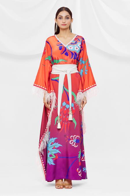 Pria Kataria Puri Coral Crepe V Neck Pattern Flared Sleeve Kaftan Online at Aza Fashions Pria Kataria Puri_Coral Crepe V Neck Pattern Flared Sleeve Kaftan _Online_at_Aza_Fashions