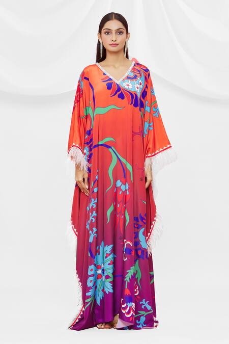 Buy Pria Kataria Puri Coral Crepe V Neck Pattern Flared Sleeve Kaftan Online at Aza Fashions Buy_Pria Kataria Puri_Coral Crepe V Neck Pattern Flared Sleeve Kaftan _Online_at_Aza_Fashions
