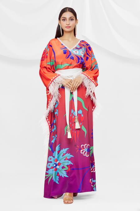 Shop Pria Kataria Puri Coral Crepe V Neck Pattern Flared Sleeve Kaftan Online at Aza Fashions Shop_Pria Kataria Puri_Coral Crepe V Neck Pattern Flared Sleeve Kaftan _Online_at_Aza_Fashions