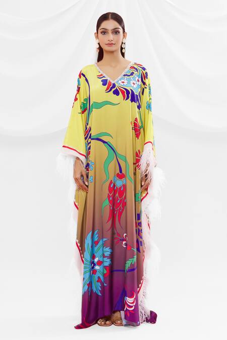 Buy Pria Kataria Puri Yellow Crepe Floral V Neck Pattern Kaftan Online at Aza Fashions Buy_Pria Kataria Puri_Yellow Crepe Floral V Neck Pattern Kaftan _Online_at_Aza_Fashions