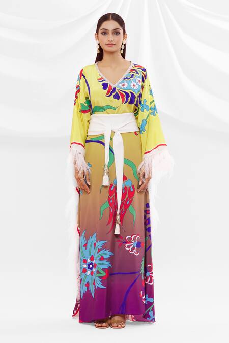 Shop Pria Kataria Puri Yellow Crepe Floral V Neck Pattern Kaftan Online at Aza Fashions Shop_Pria Kataria Puri_Yellow Crepe Floral V Neck Pattern Kaftan _Online_at_Aza_Fashions