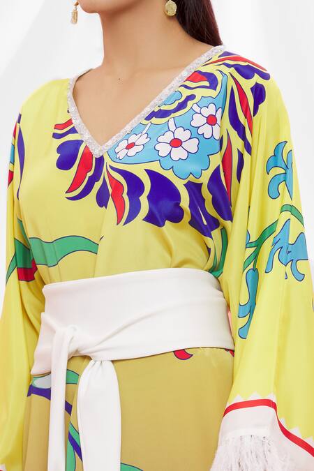 Pria Kataria Puri Yellow Crepe Floral V Neck Pattern Kaftan at Aza Fashions Pria Kataria Puri_Yellow Crepe Floral V Neck Pattern Kaftan _at_Aza_Fashions