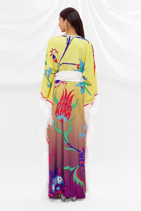 Shop Pria Kataria Puri Yellow Crepe Floral V Neck Pattern Kaftan at Aza Fashions Shop_Pria Kataria Puri_Yellow Crepe Floral V Neck Pattern Kaftan _at_Aza_Fashions